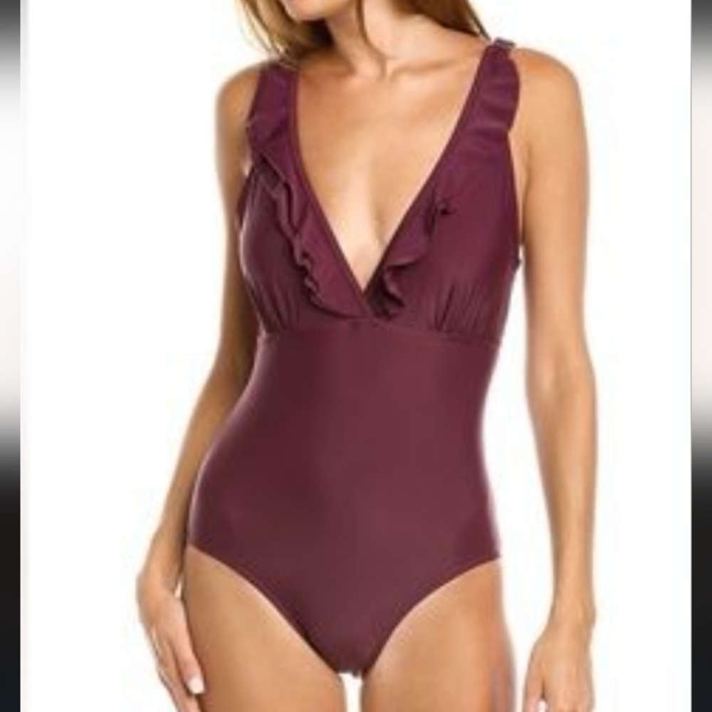 NEW Ruffled Plunge One-Piece Swimsuit - Wine Size Medium